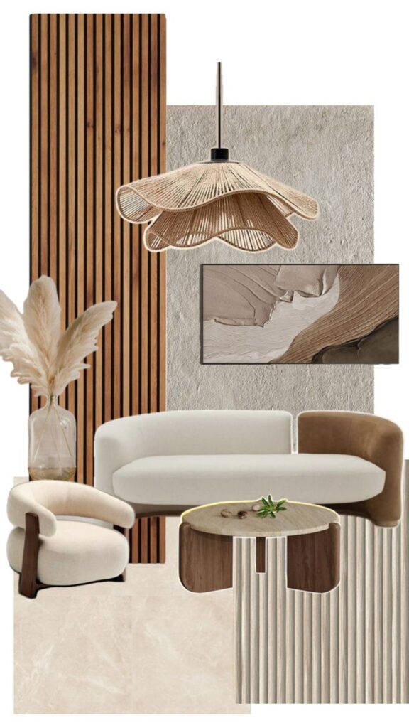 Modern living room design with a curved sofa, matching armchair, wood accents, and artistic light fixture for a chic, cozy atmosphere.