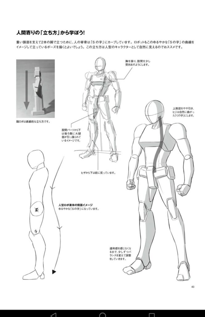 Art tutorial on robot anatomy, illustrating human-like S standing posture with sketches and tips in Japanese text.
