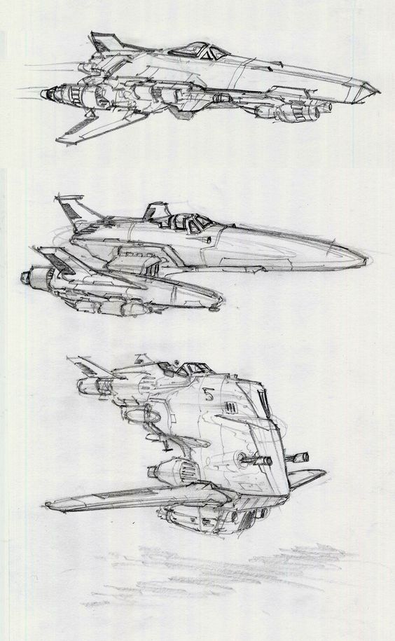 _ 4 Sketch of futuristic spacecraft concepts showing different angles, featuring sleek designs and detailed mechanical components. | Sky Rye Design Sketch of futuristic spacecraft concepts showing different angles, featuring sleek designs and detailed mechanical components.