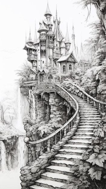 _ 4 Intricate fantasy castle perched on a cliff with winding stone staircase, surrounded by lush foliage, depicting a magical, fairy-tale setting. | Sky Rye Design Intricate fantasy castle perched on a cliff with winding stone staircase, surrounded by lush foliage, depicting a magical, fairy-tale setting.