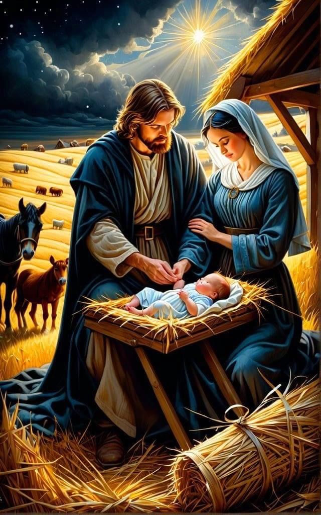 _ 4 Nativity scene with Mary and Joseph adoring baby Jesus in a stable, under a bright star-filled night sky. | Sky Rye Design Nativity scene with Mary and Joseph adoring baby Jesus in a stable, under a bright star-filled night sky.