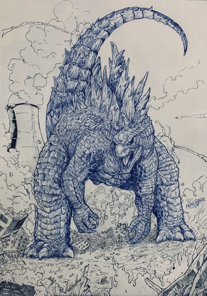 _ 4 Illustration of a giant, spiked creature in a cityscape, surrounded by destruction and smoke, resembling a kaiju monster. | Sky Rye Design Illustration of a giant, spiked creature in a cityscape, surrounded by destruction and smoke, resembling a kaiju monster.