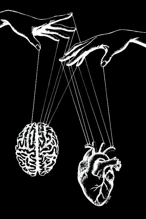 Illustration of two hands controlling a brain and heart with strings, symbolizing the balance between emotion and logic on a black background.