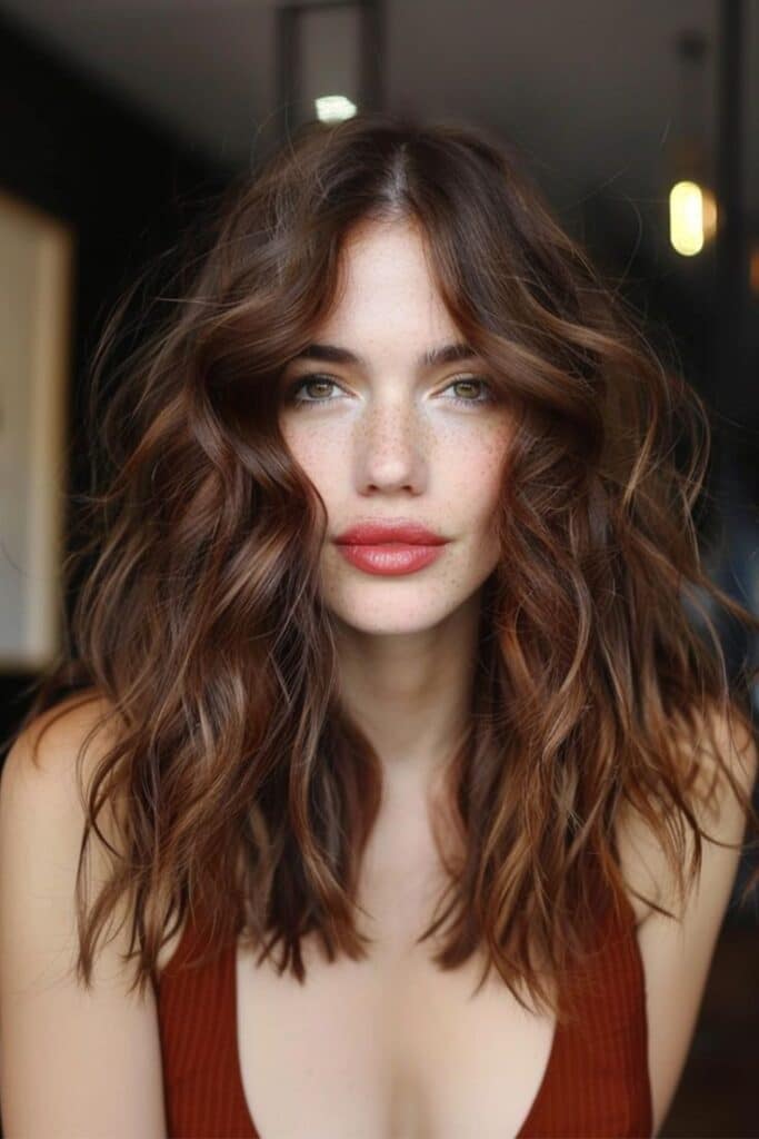 _ 4 Brunette woman with wavy hair and freckles, wearing a brown top. | Sky Rye Design Brunette woman with wavy hair and freckles, wearing a brown top.