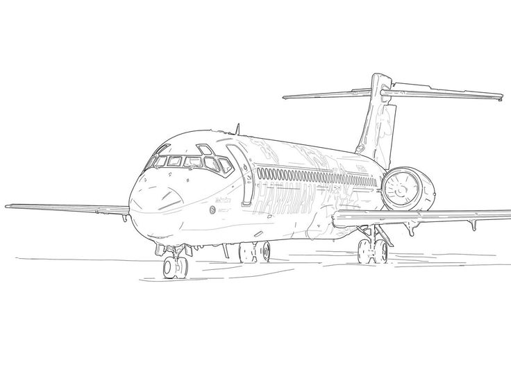 Line drawing of a passenger jet on the runway, showcasing its detailed structure and design in a minimalist style.