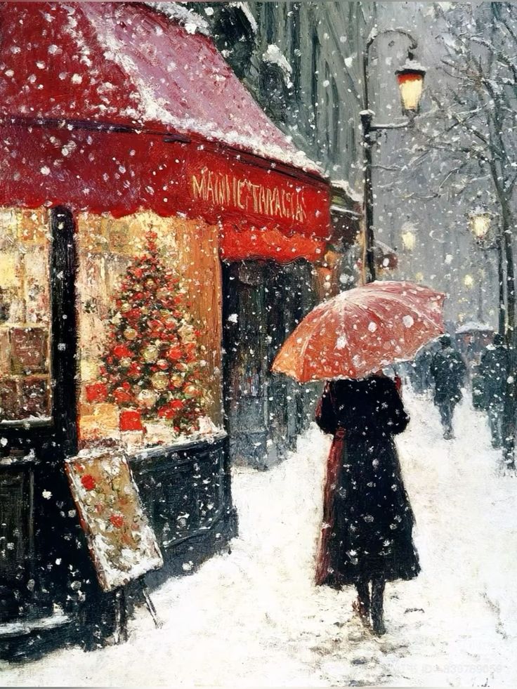 Snowy Paris street scene with a woman holding a red umbrella, passing a café adorned with a festive Christmas display.