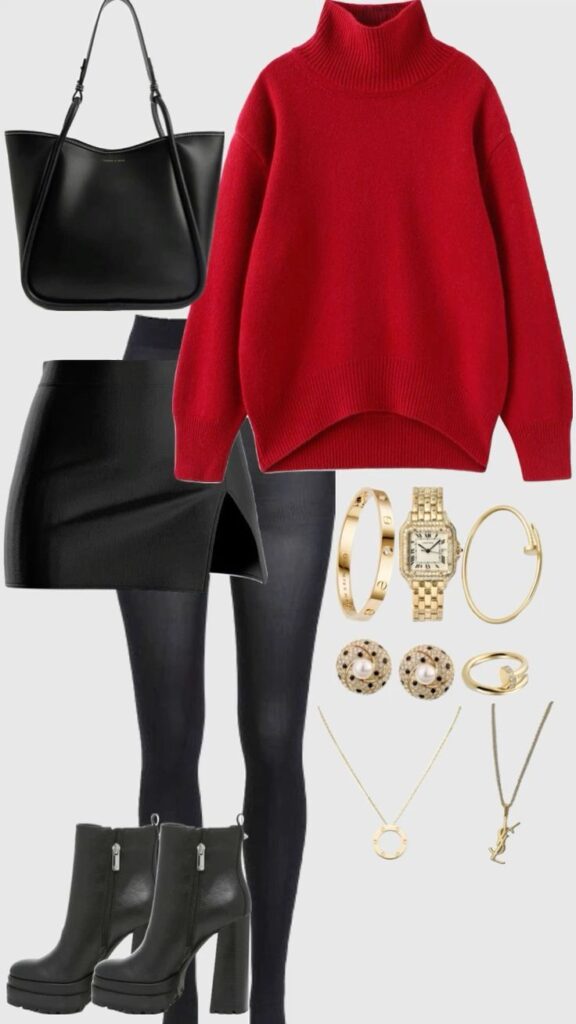 _ 4 Red sweater outfit with mini skirt, black boots, handbag, and gold jewelry for a chic winter look. | Sky Rye Design Red sweater outfit with mini skirt, black boots, handbag, and gold jewelry for a chic winter look.