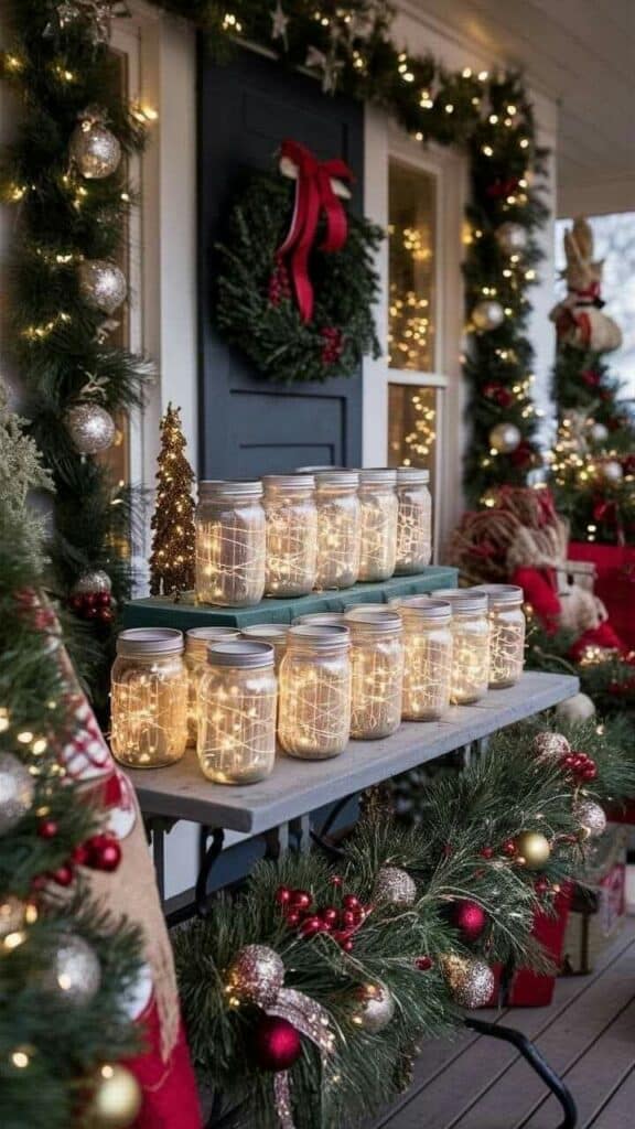 _ 40 Festive porch with illuminated mason jars, holiday wreaths, garlands, and Christmas decorations on a table and door. | Sky Rye Design Festive porch with illuminated mason jars, holiday wreaths, garlands, and Christmas decorations on a table and door. Christmas DIY