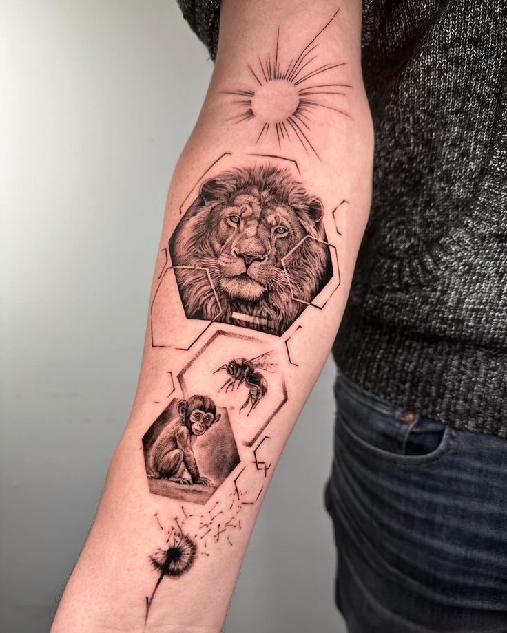 40+ Roaring Lion Tattoo Designs with Symbolism 2024 Lion, monkey, bee, sun, and dandelion tattoo on forearm, showcasing wildlife and nature themes in geometric design. | Sky Rye Design Lion, monkey, bee, sun, and dandelion tattoo on forearm, showcasing wildlife and nature themes in geometric design.