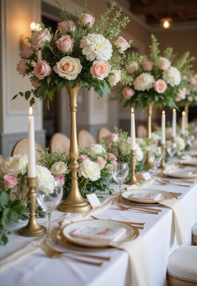 40 Stunning Wedding Flower Arrangements That Will Steal the Show Especially 36 Elegant wedding table setup with gold candlesticks, white and pink floral centerpieces, and place settings on a white tablecloth. | Sky Rye Design Elegant wedding table setup with gold candlesticks, white and pink floral centerpieces, and place settings on a white tablecloth.