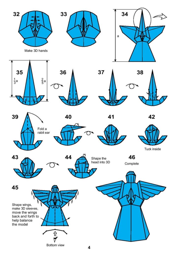 Step-by-step origami angel tutorial, featuring blue paper with detailed folding instructions and diagrams for a 3D angel figure.