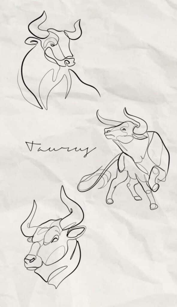 Line art of Taurus bulls on textured background, showcasing minimalist zodiac symbolism with sleek, flowing lines.
