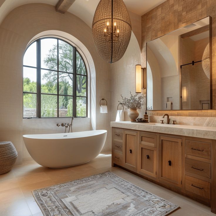 42 Bathroom Remodel Ideas That Will Make You Want To Renovate Today - Edward George Luxurious bathroom with a freestanding tub, arched window, wooden vanity, and elegant lighting, featuring a cozy, modern design. | Sky Rye Design Luxurious bathroom with a freestanding tub, arched window, wooden vanity, and elegant lighting, featuring a cozy, modern design.