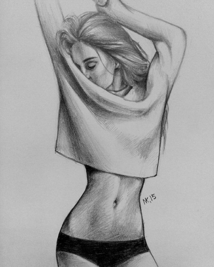 Pencil sketch of a woman posing with arms raised, wearing a loose top and underwear, showcasing detailed shading and artistry.