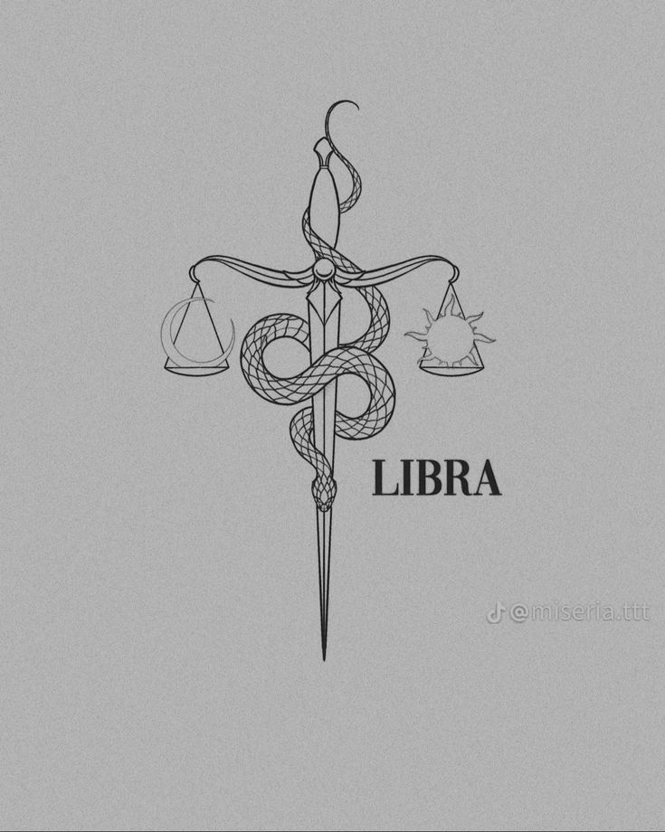 Sword with snake and scales illustration representing the Libra zodiac sign, emphasizing balance and justice.
