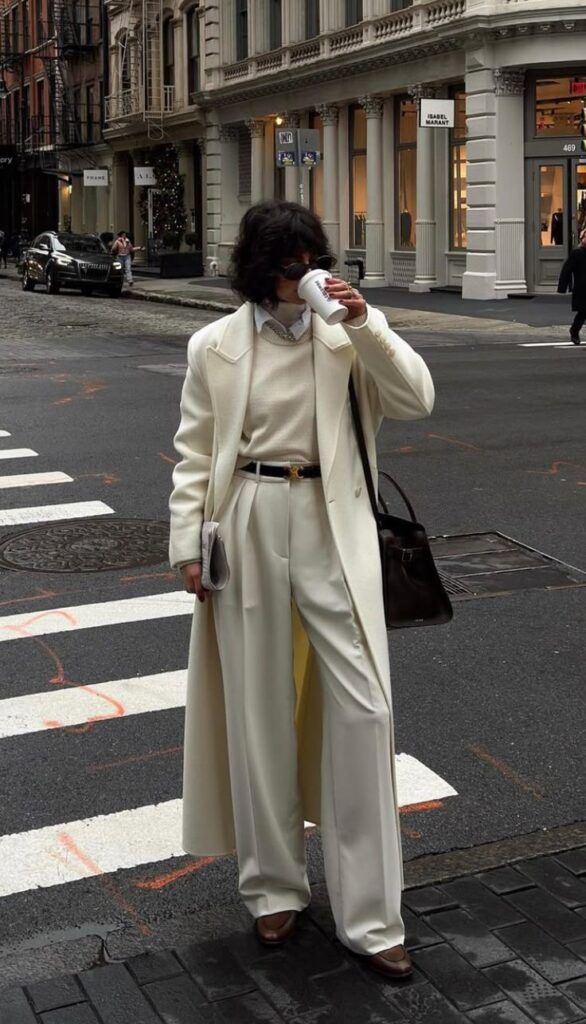 _ 45 Stylish person in a chic white outfit enjoys a drink while crossing an urban street, showcasing elegant fashion and city vibes. | Sky Rye Design Stylish person in a chic white outfit enjoys a drink while crossing an urban street, showcasing elegant fashion and city vibes.