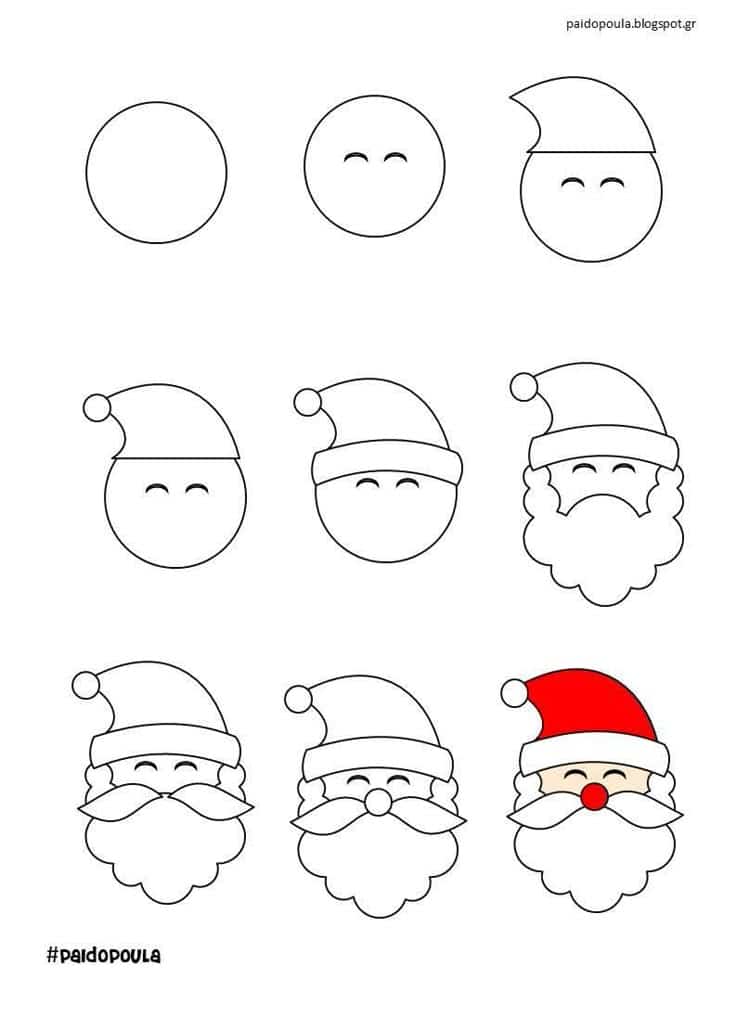 Step-by-step guide to drawing Santa Claus with a hat, beard, and red nose.