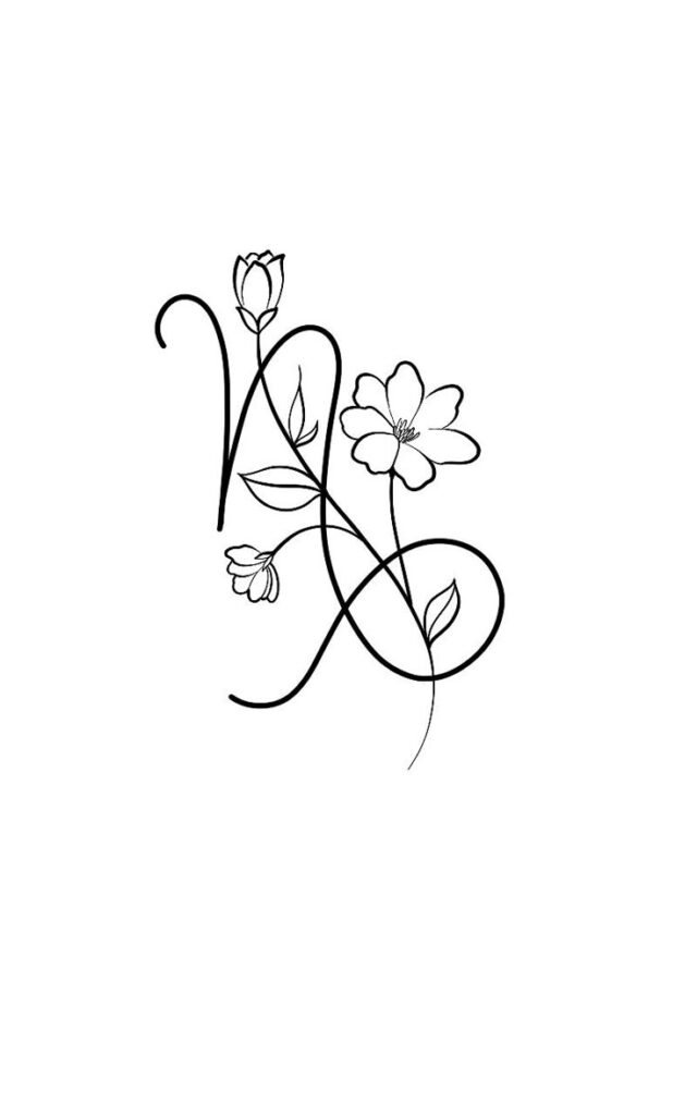 Elegant floral monogram design with delicate flowers and leaves, perfect for invitations or tattoos. Minimalist black line art.