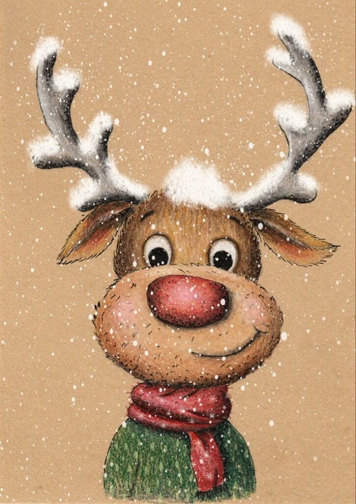 Cute cartoon reindeer with a red nose and scarf, smiling in falling snow. Holiday illustration with festive cheer.