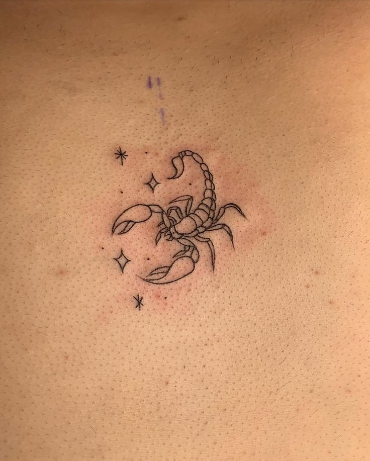 Minimalist scorpion tattoo with stars on skin, showcasing fine line art and celestial theme. Ideal for astrology and tattoo inspiration.