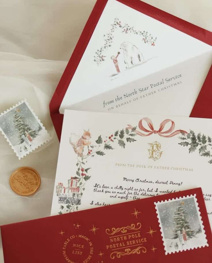 Christmas-themed letters and envelopes from the North Pole Postal Service, featuring festive designs and a wax seal.
