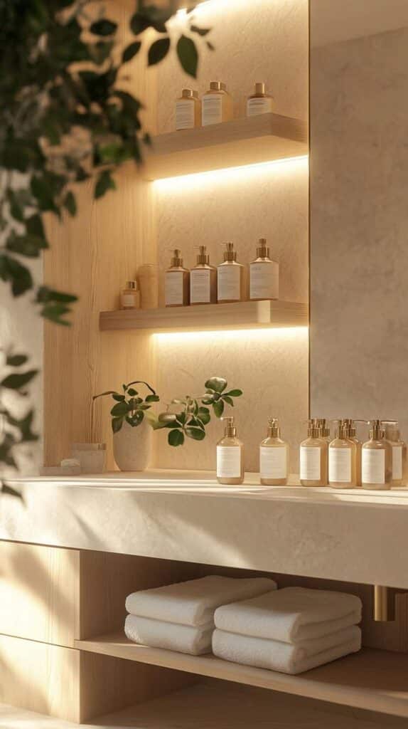 Luxurious bathroom shelf with glowing ambient light, displaying elegant bottles and a potted plant. Neatly stacked towels below.