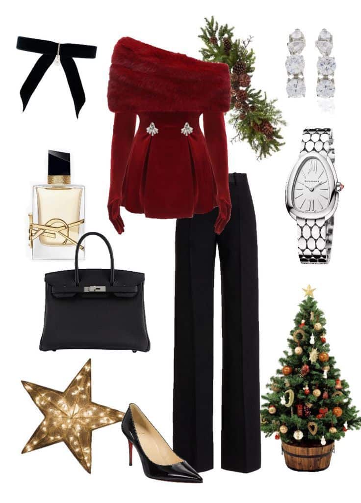 Chic holiday outfit with red fur top, black pants, accessories, and festive decor including a wreath and small Christmas tree.