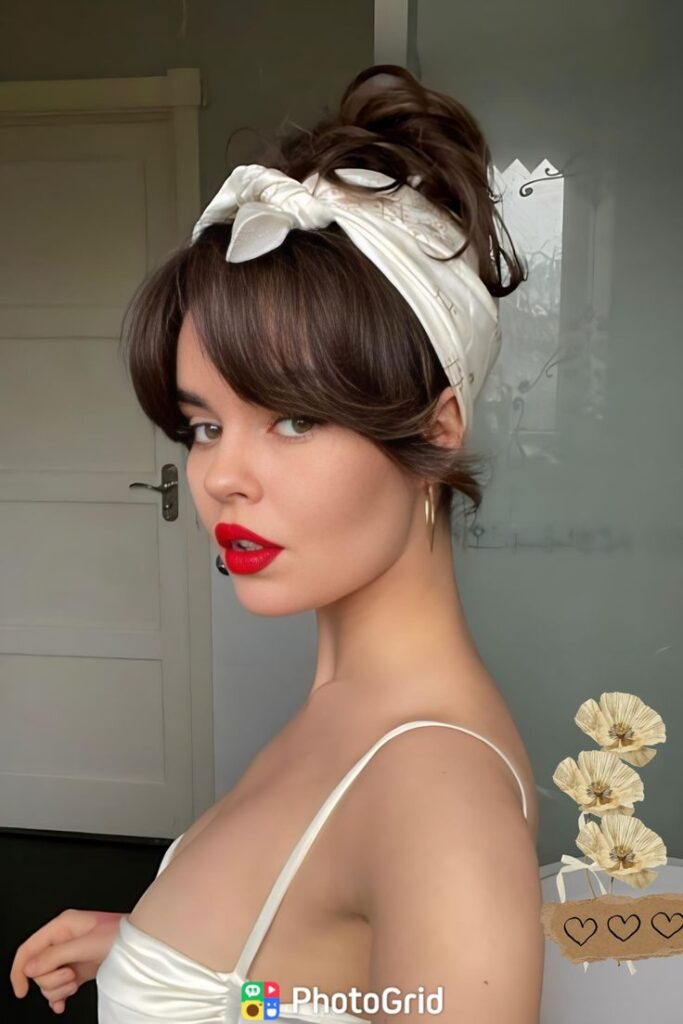 494f9ada43b9b5aa740a5123d3d869fa Young woman in white top with red lipstick and headscarf posing confidently indoors. Elegant and stylish fashion portrait. | Sky Rye Design Young woman in white top with red lipstick and headscarf posing confidently indoors. Elegant and stylish fashion portrait.