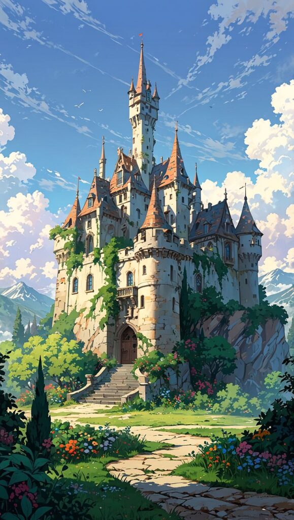 4K WALLPAPER PACK FOR IPHONE AND ANDROID _ LOCK SCREEN Enchanting medieval castle with turrets and vines under a bright blue sky, surrounded by lush greenery and blooming flowers. | Sky Rye Design Enchanting medieval castle with turrets and vines under a bright blue sky, surrounded by lush greenery and blooming flowers.