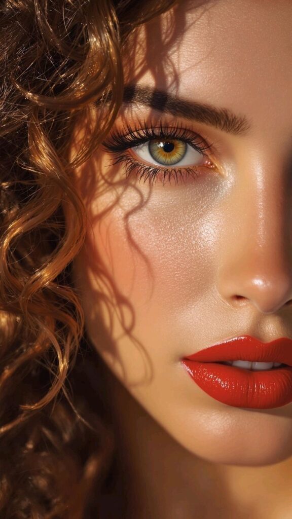 Close-up portrait of a woman with vibrant red lipstick, striking hazel eyes, and curly auburn hair, highlighted in natural light.