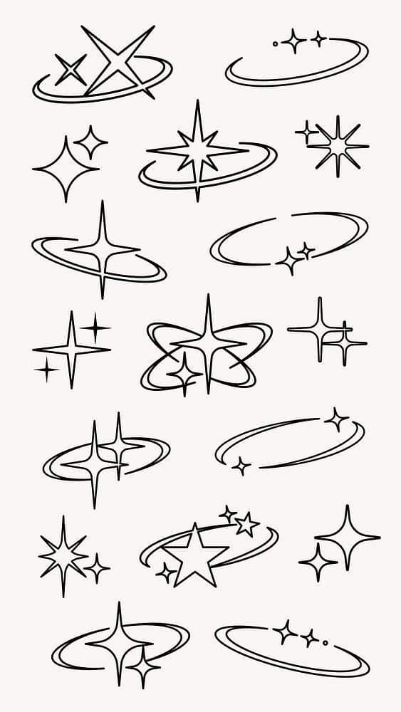 Various black star and sparkle line art designs on a white background, ideal for creative and decorative projects.