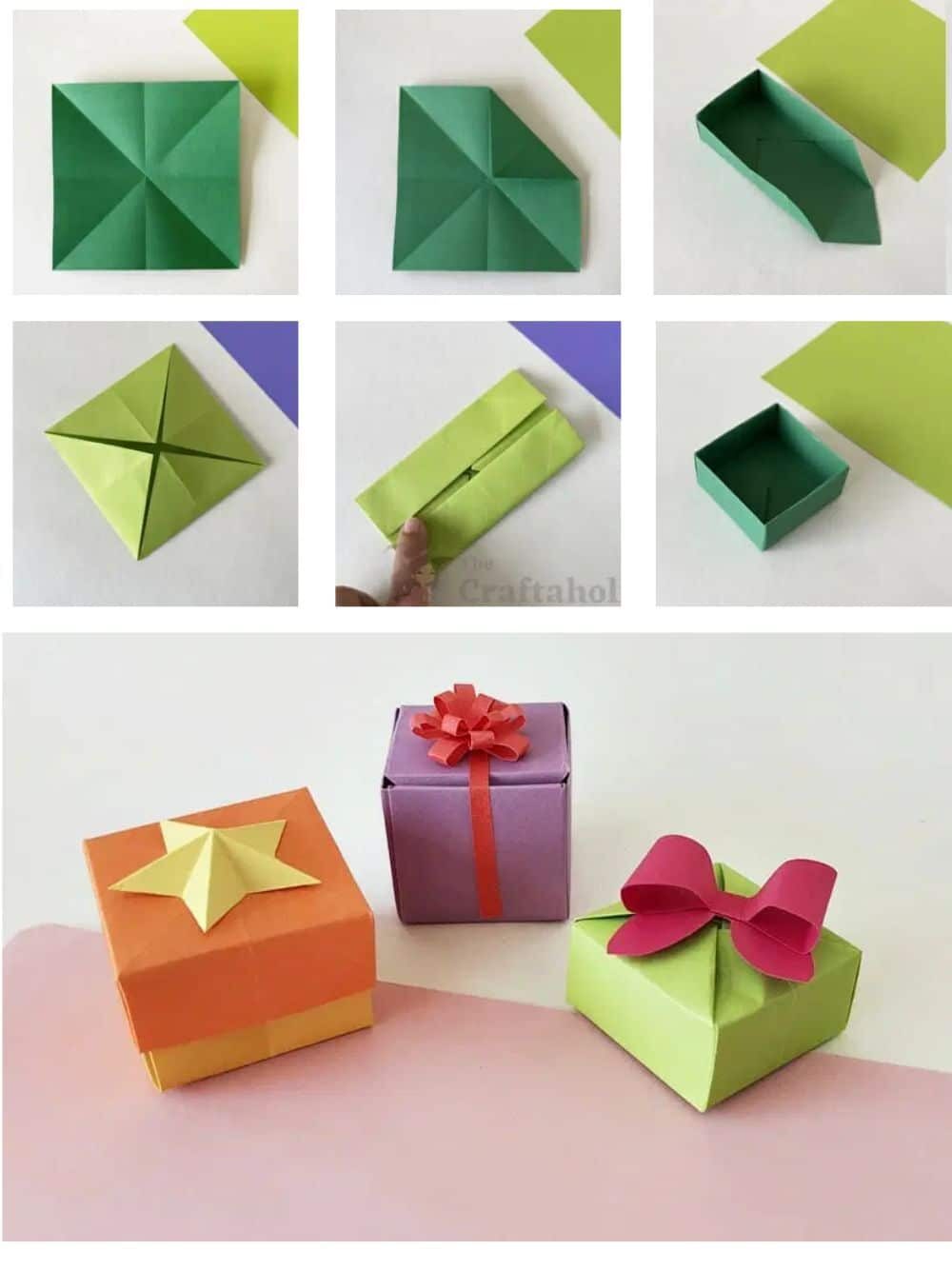 Step-by-step guide to creating an origami box with lid featuring colorful paper gift boxes with bows and stars.