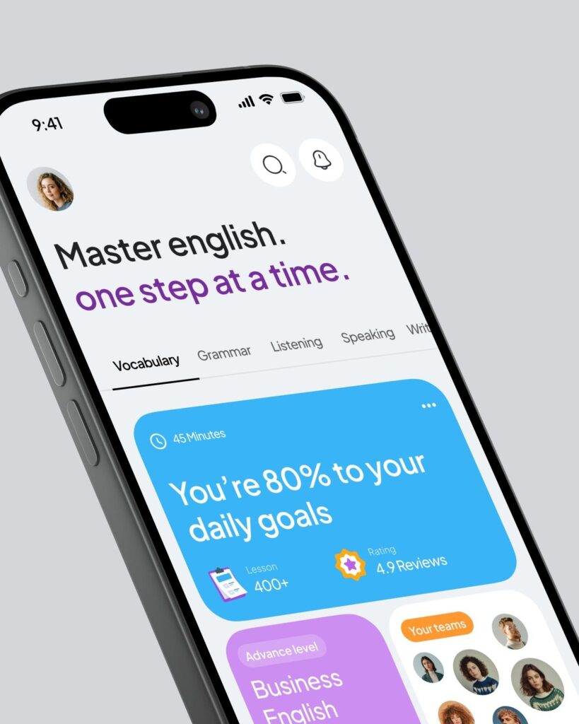 Mobile app interface for mastering English skills with vocabulary, daily goals, lessons, and user rating displayed on a smartphone screen.