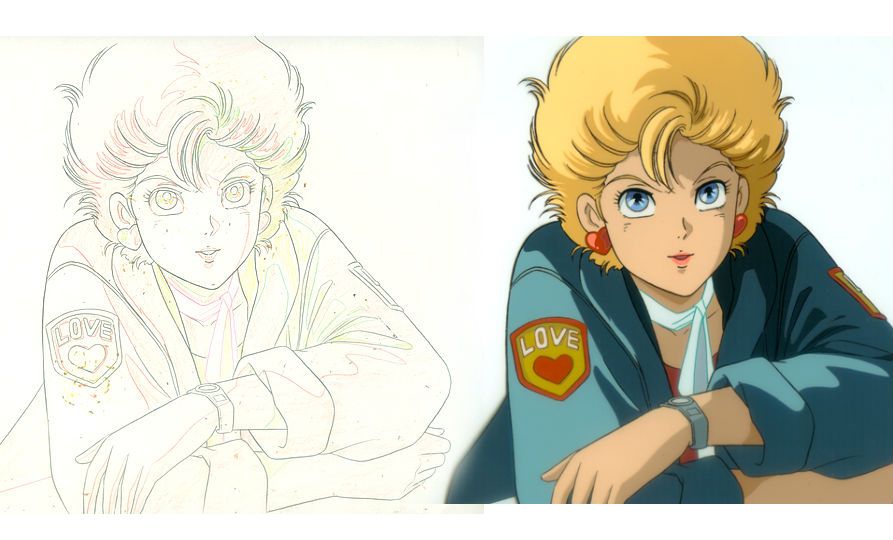 4c94c77eede6130d5934a98891fa7e48 Anime character with short blond hair, wearing LOVE jacket, depicted in both black-and-white sketch and colorful illustration. | Sky Rye Design Anime character with short blond hair, wearing LOVE jacket, depicted in both black-and-white sketch and colorful illustration.