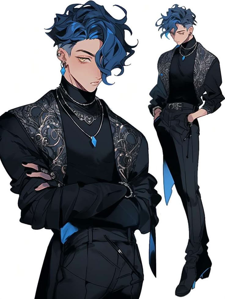 4c9c3d6a-3ada-45e8-920c-aaf4f2c26396 Stylish anime character with blue hair, wearing a detailed black outfit and jewelry, exuding a confident and elegant vibe. | Sky Rye Design Stylish anime character with blue hair, wearing a detailed black outfit and jewelry, exuding a confident and elegant vibe.