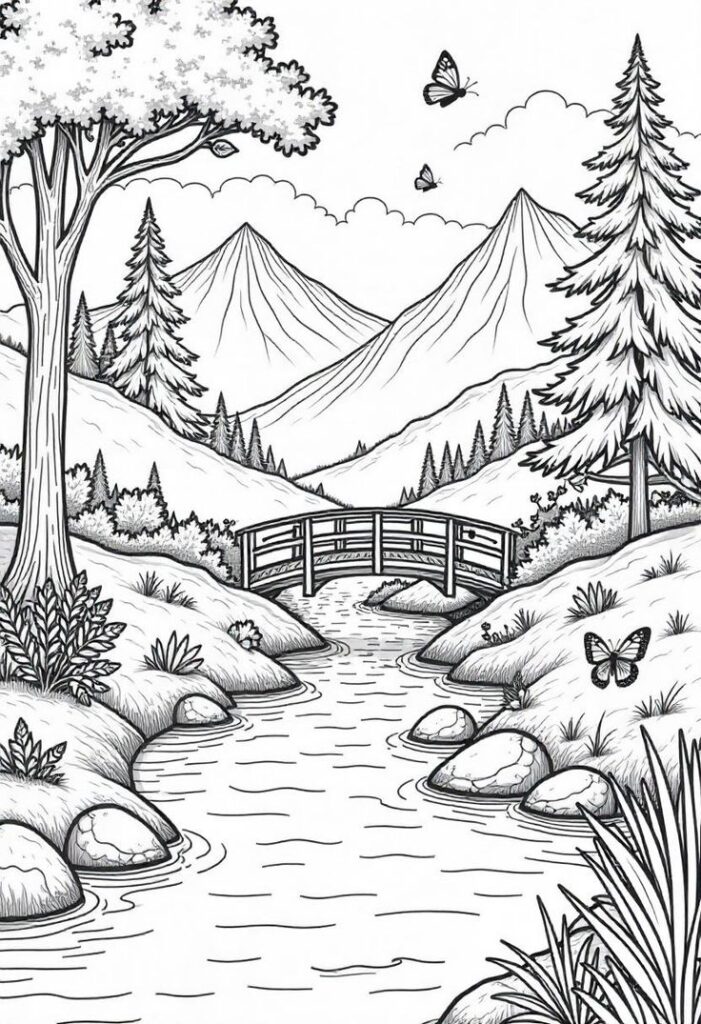 4cc17d2bc39de73bf7aef70422fa7cc3 Black and white illustration of a serene landscape with mountains, a bridge over a stream, and butterflies flying around. | Sky Rye Design Black and white illustration of a serene landscape with mountains, a bridge over a stream, and butterflies flying around.