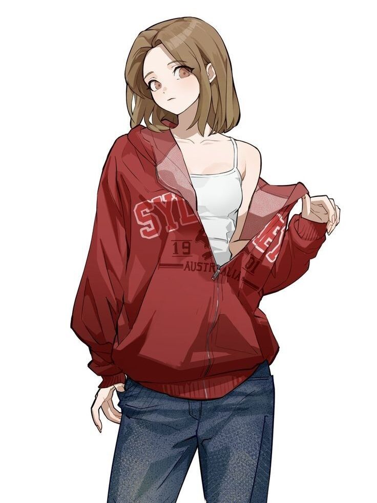 4d32074a-a5d0-4b00-841e-32004ba804b1 Anime girl in a red jacket, white tank top, and blue jeans with star patches, standing casually with a neutral expression. | Sky Rye Design Anime girl in a red jacket, white tank top, and blue jeans with star patches, standing casually with a neutral expression.