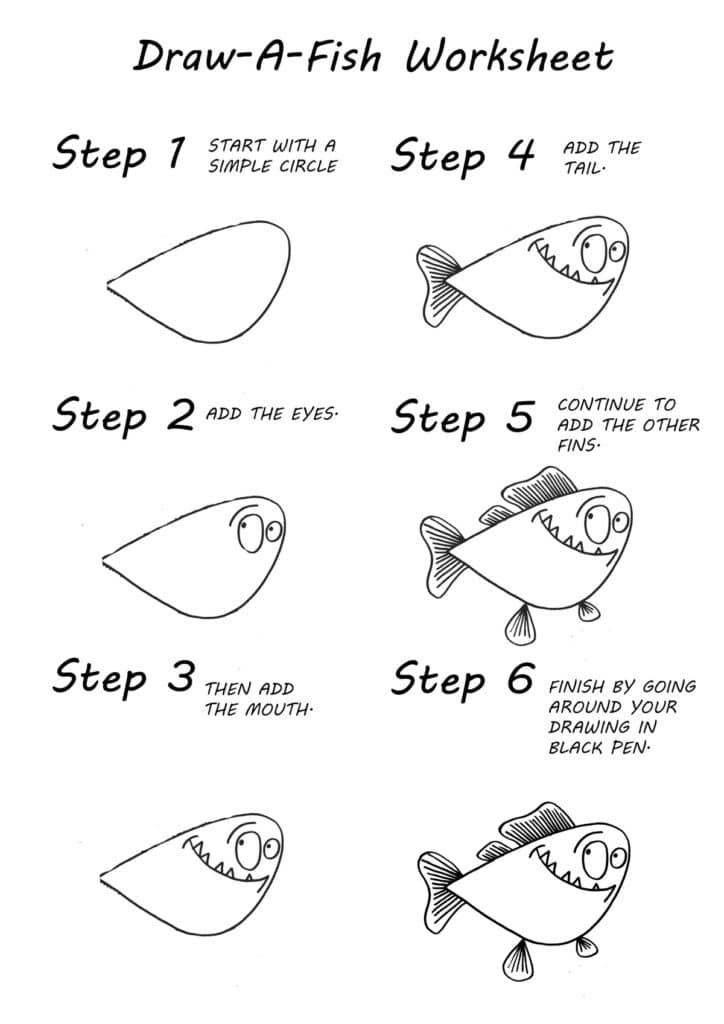 Learn to draw a fish with this step-by-step worksheet. Includes instructions for eyes, mouth, fins, and tail in a fun cartoon style.