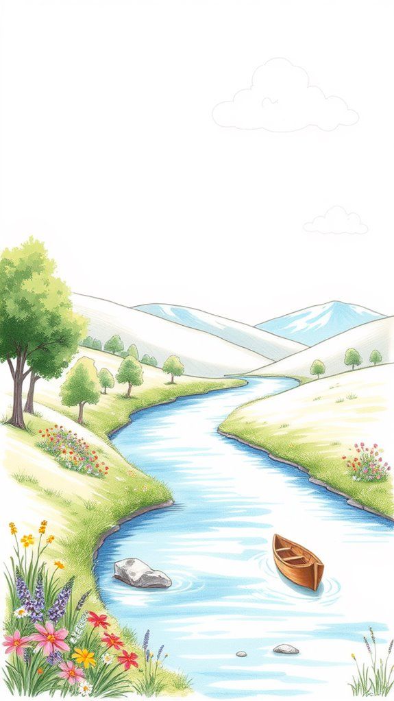 4d4d07bc49ebe05d6c87a2e35b22879e Illustrated peaceful river landscape with a wooden boat, surrounded by colorful flowers, lush trees, and distant snowy mountains. | Sky Rye Design Illustrated peaceful river landscape with a wooden boat, surrounded by colorful flowers, lush trees, and distant snowy mountains.
