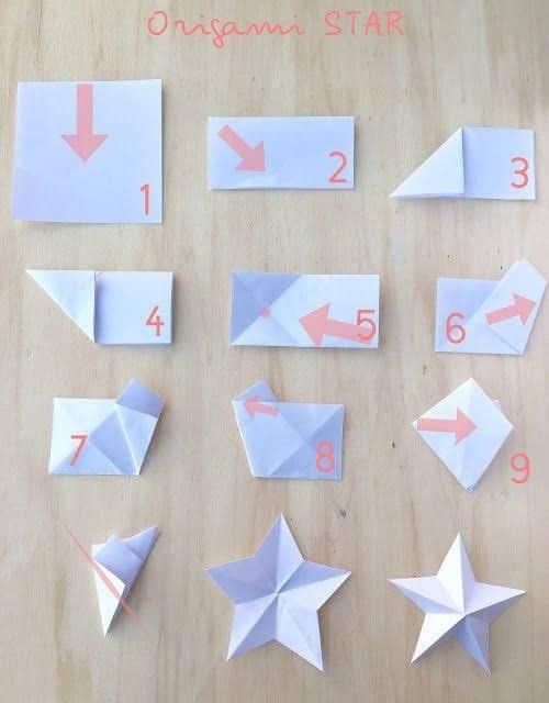 Step-by-step origami star tutorial on a wooden background, featuring nine numbered folding instructions with arrows for guidance.