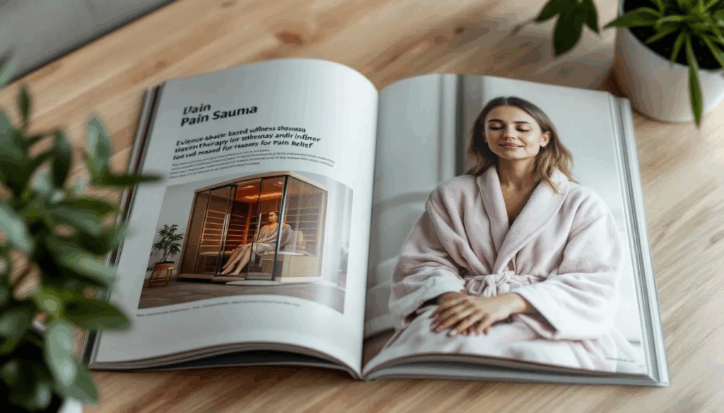 Open magazine page on a wooden table showing a woman relaxing in a bathrobe and an infrared sauna with plants in the background.