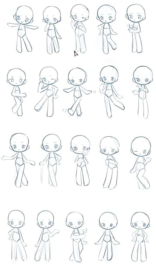 Anime character poses sketch sheet with various dynamic actions and expressions for drawing reference.