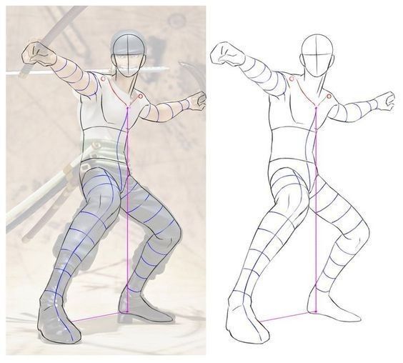 _ 5 Illustration of dynamic human figure drawing tutorial showing proportional anatomy lines and poses for artists. | Sky Rye Design Illustration of dynamic human figure drawing tutorial showing proportional anatomy lines and poses for artists.