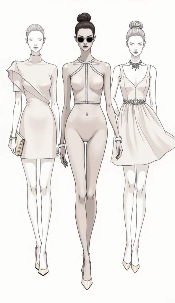 Fashion illustration showcasing three elegantly dressed women in chic dresses and accessories, highlighting modern style and sophistication.
