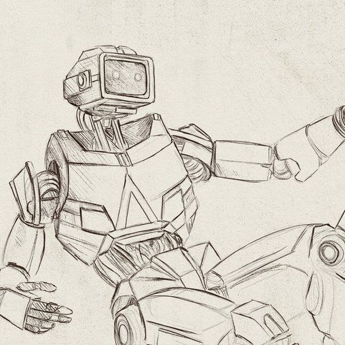 Sketch of a futuristic robot in action pose, showcasing intricate mechanical details on a textured background.