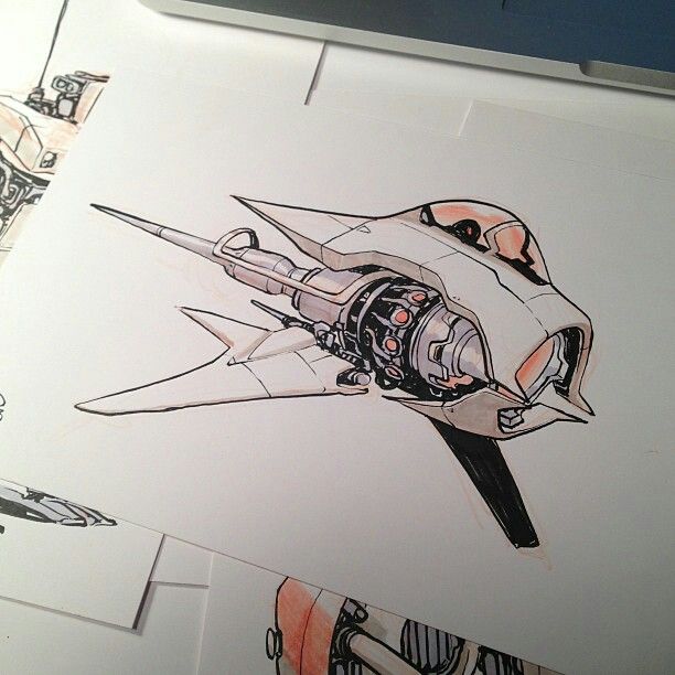 _ 5 Sketch of a futuristic spacecraft with sleek design and intricate mechanical details on white paper. | Sky Rye Design Sketch of a futuristic spacecraft with sleek design and intricate mechanical details on white paper.