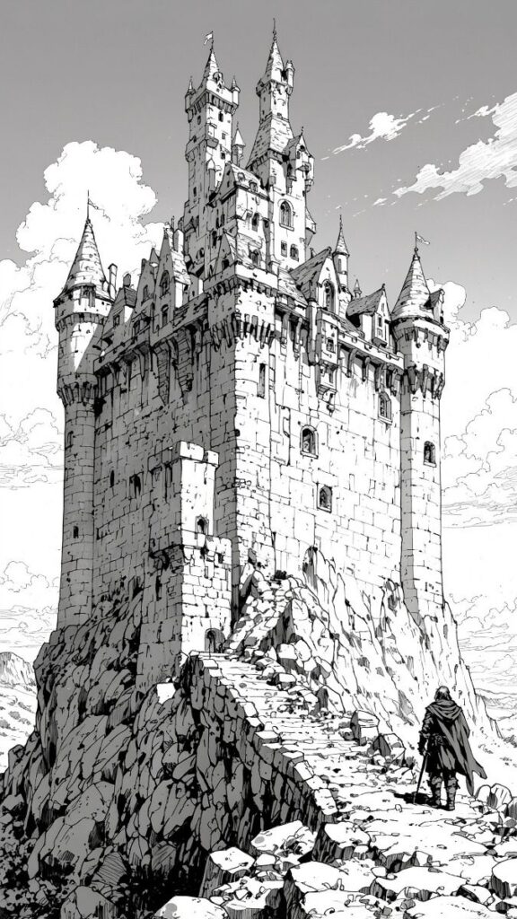 _ 5 Medieval stone castle on rocky hill with stairs, detailed sky, lone figure with cloak and sword approaches. Black and white illustration. | Sky Rye Design Medieval stone castle on rocky hill with stairs, detailed sky, lone figure with cloak and sword approaches. Black and white illustration.