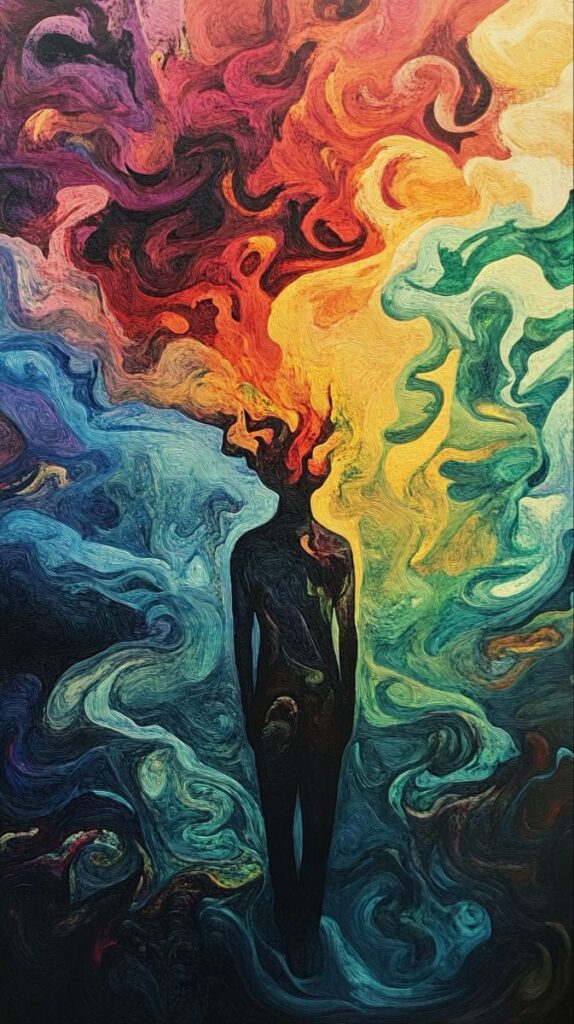 Silhouette of a person with vibrant, swirling colors emanating from the head, symbolizing creativity and imagination.