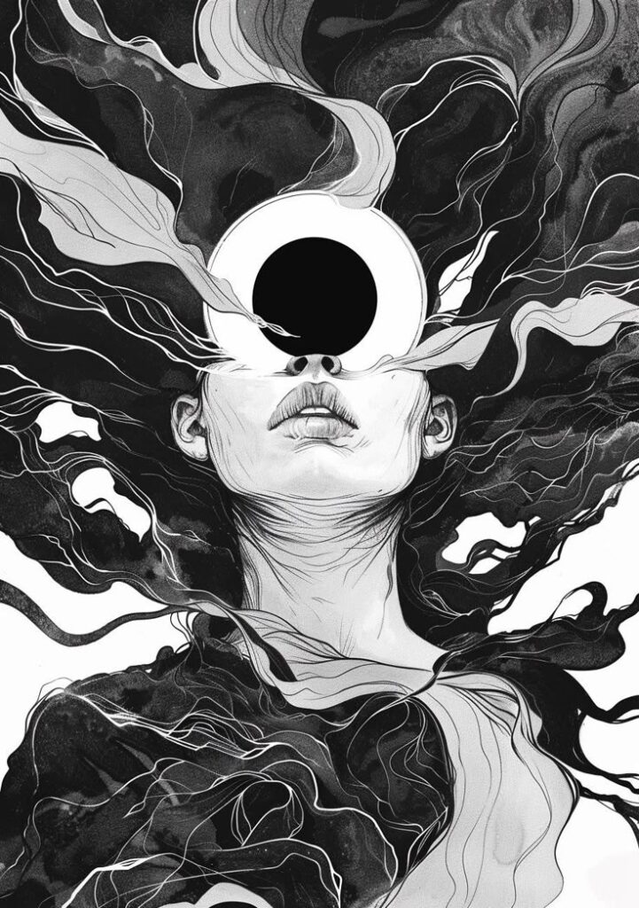 Surreal black and white art: woman with flowing hair and abstract eye, blending realism and fantasy for a dreamlike vision.