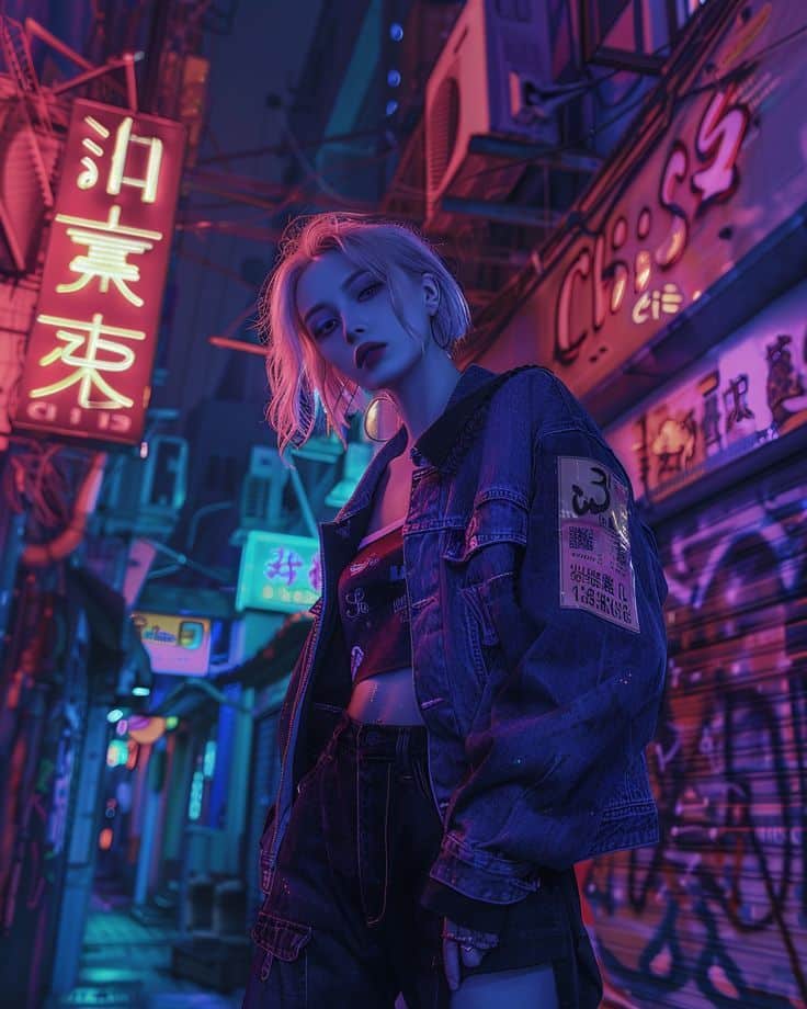 Stylish person in denim jacket poses in a neon-lit urban alley at night, surrounded by vibrant signs and graffiti.